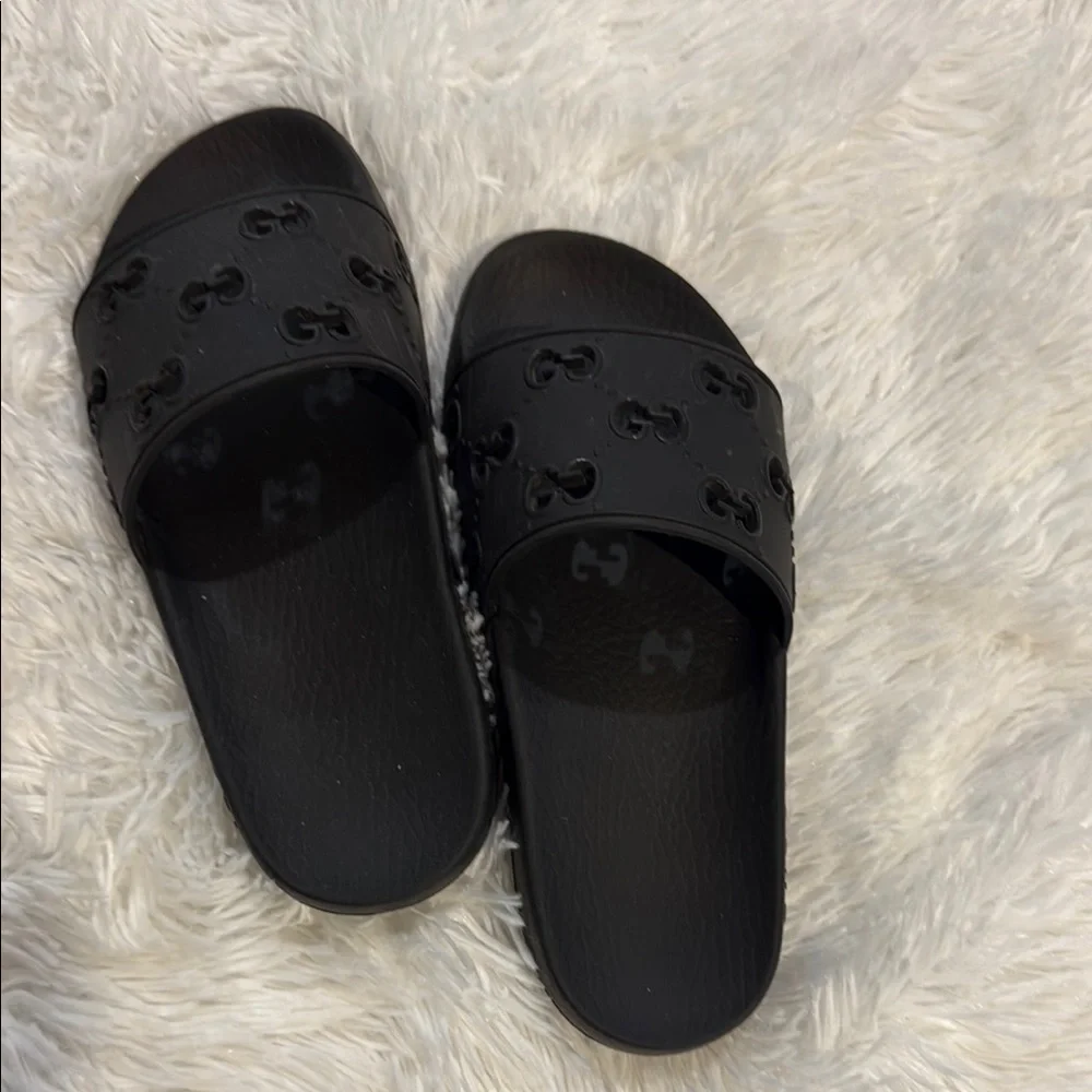 Black Slide Sandals with Logo Detail - Picture 1 of 6